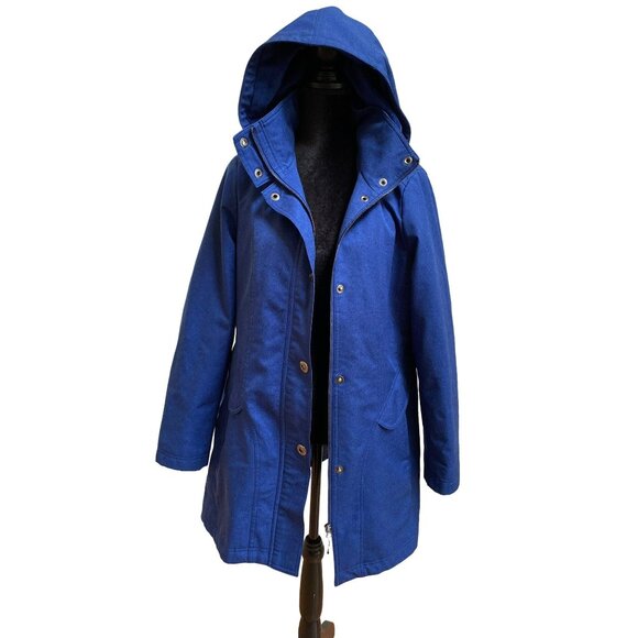 Blue Hooded Button-Up Jacket With Adjustable Waist & Snap Closures - Picture 1 of 9